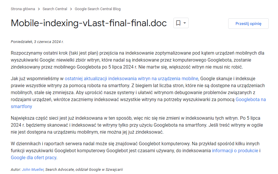 istotny dokument na temat mobilnego indeksowania